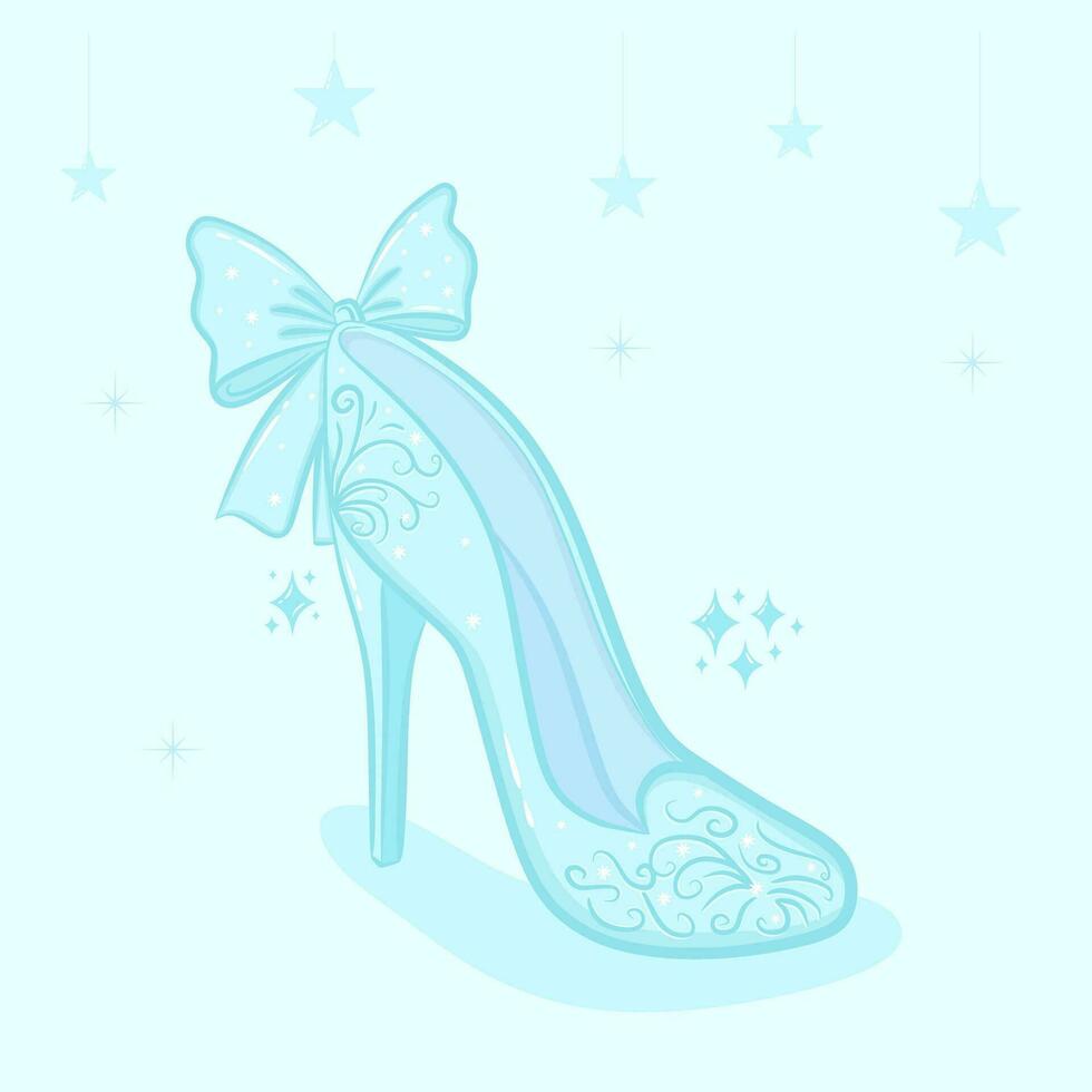 Cute princess fantasy crystal shoes, flat, cartoon style. vector illustration with hanging stars background.