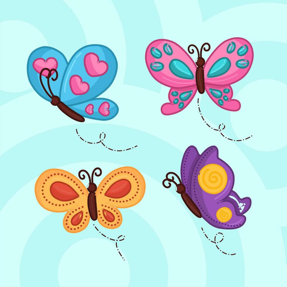 Vector set of 4 hand-drawn butterflies. Cute insects hand drawn in cartoon style. Bright and color beautiful butterfly illustration.