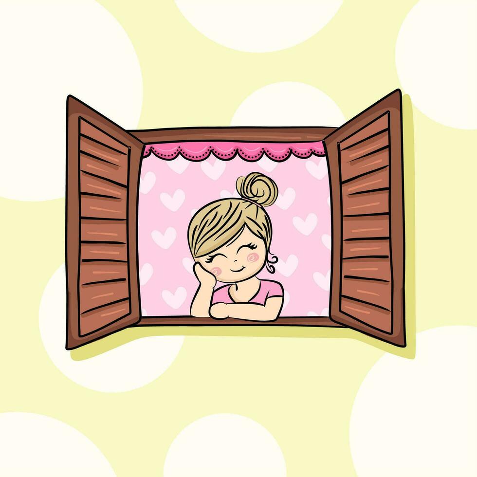 Drawing cute girl in the window vector