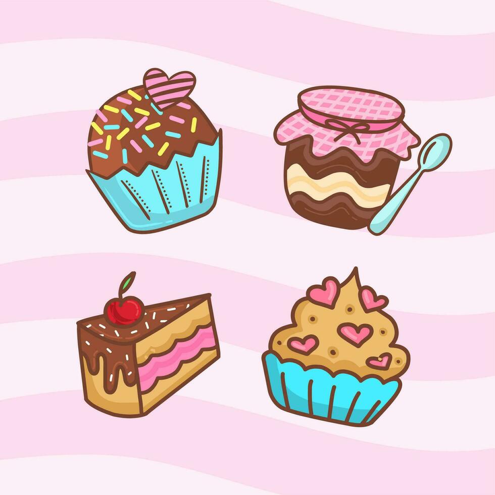 Cute set of sweets in drawing. Brigadeiro, Pot of cake, slice of cake and cupcake. vector