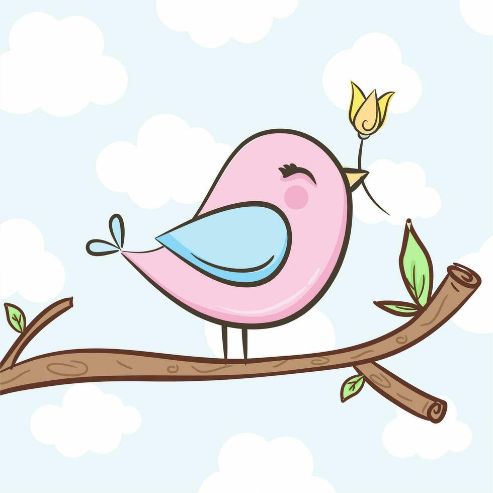Cute little bird on branch of tree with green leaves. vector