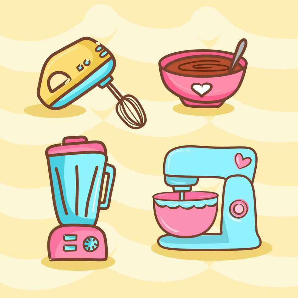 Baker tools flat vector illustrations set. Hand mixer. Bakery, kitchen utensils.  Cooking instruments, kitchenware pack. Mixer ans bowl.