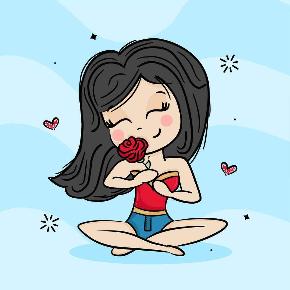 Girl sitting holding flower and smelling perfume vector