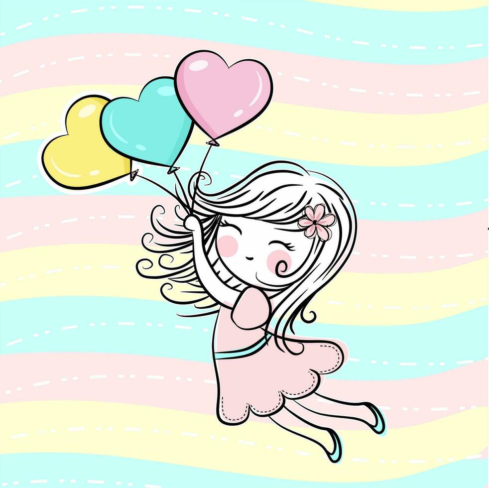 Girl flying with colorful balloons, birthday card. Heart balloons. vector