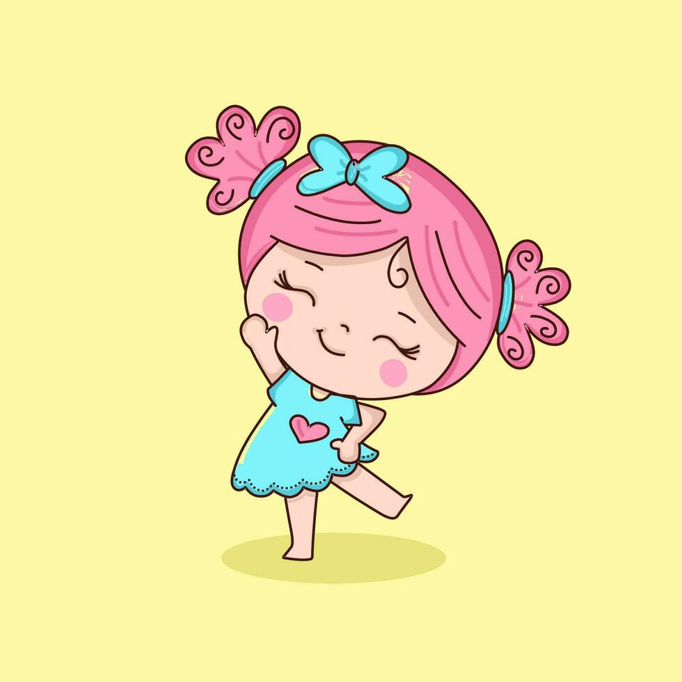 Cute pink haired girl waving in handmade sketch style. vector