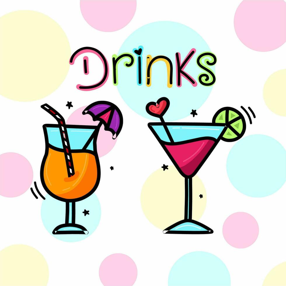 Fruit drinks illustration. Set of juice and lemonade glasses in doodle sketch style. Homemade cold fresh cocktails drawing. Handdrawn cartoon summer soda beverages. vector