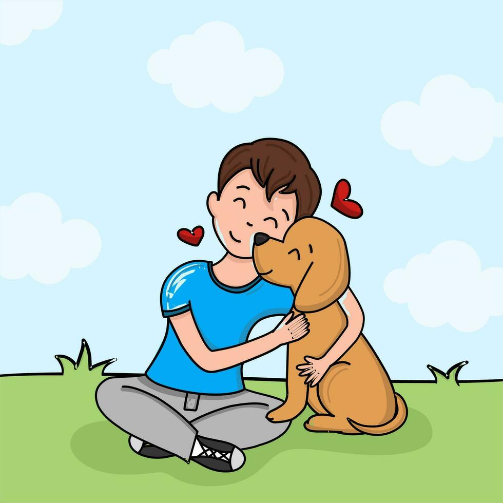 contento niño abrazando y acariciando Doméstico animales sonriente chico sentado y abrazando contento mascota perro. bueno amigo. plano personaje vector ilustración