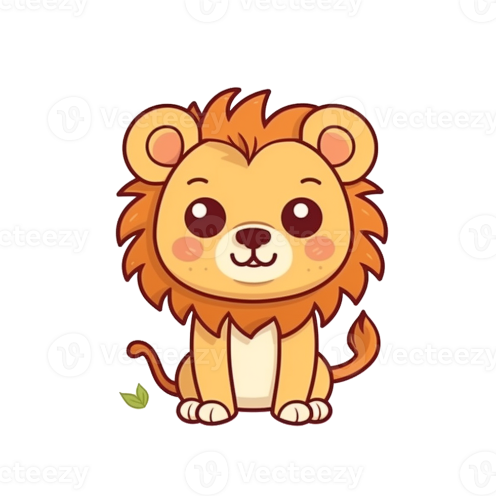 Lion Naturel avec une kawaii visage mignonne dessin animé, ai produire png