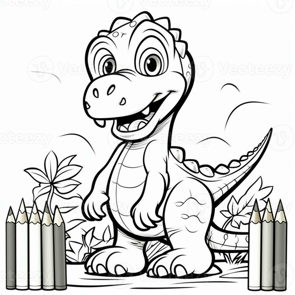 illustration outline drawing white background cartoon cute dinosaur to coloring, character games app mobile, generative ai photo