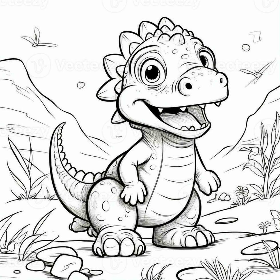 illustration outline drawing white background cartoon cute dinosaur to coloring, character games app mobile, generative ai photo