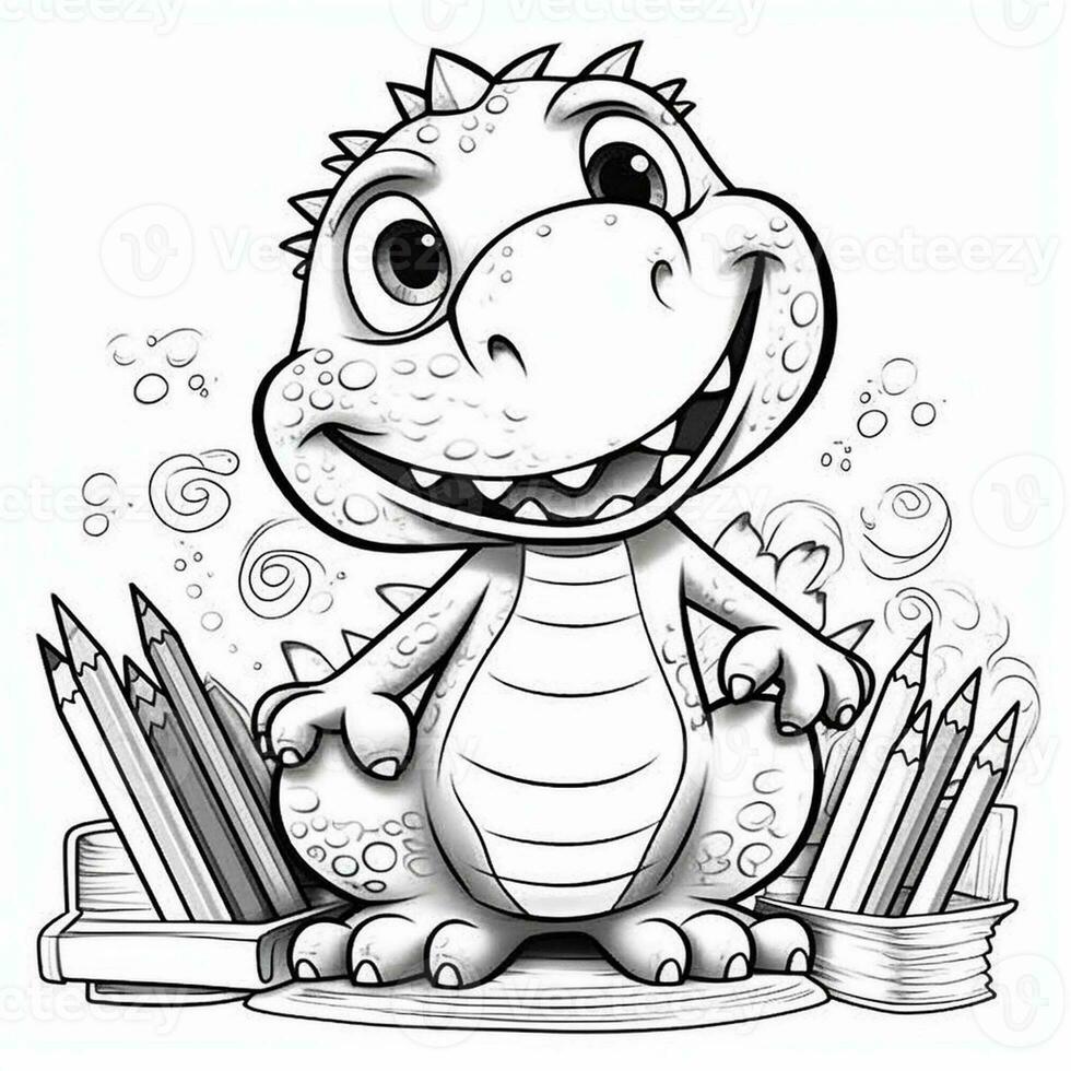 illustration outline drawing white background cartoon cute dinosaur to coloring, character games app mobile, generative ai photo