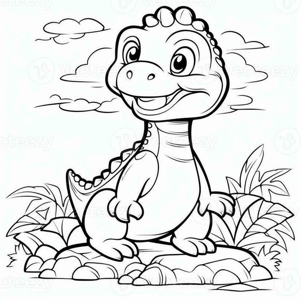 illustration outline drawing white background cartoon cute dinosaur to coloring, character games app mobile, generative ai photo