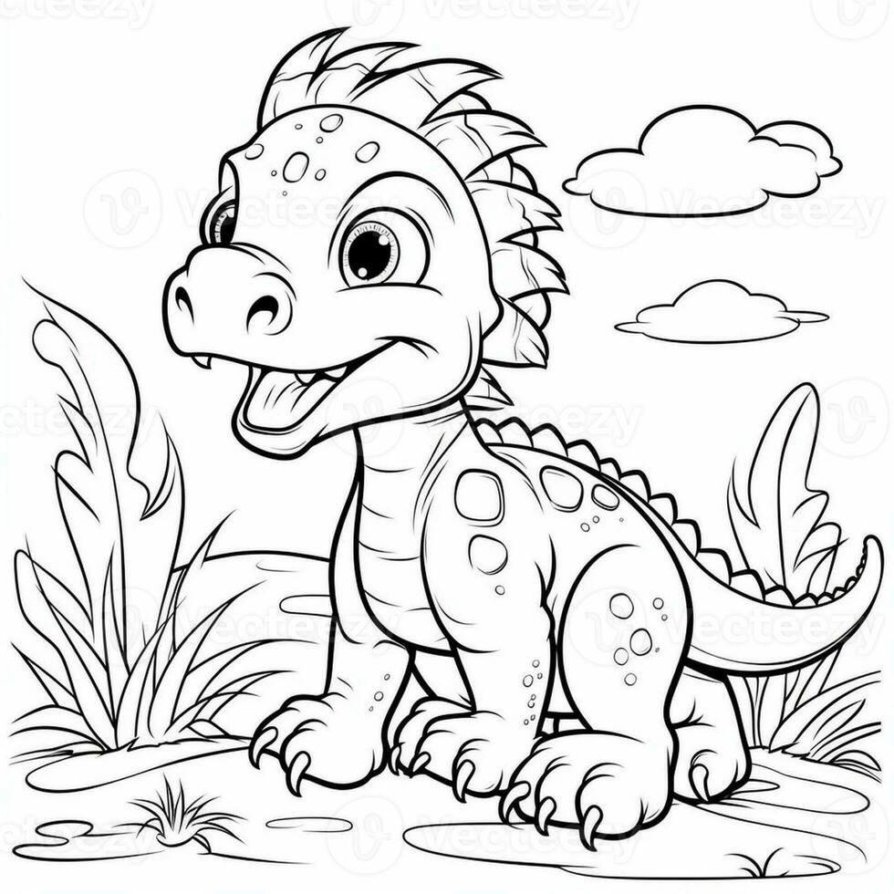 illustration outline drawing white background cartoon cute dinosaur to coloring, character games app mobile, generative ai photo