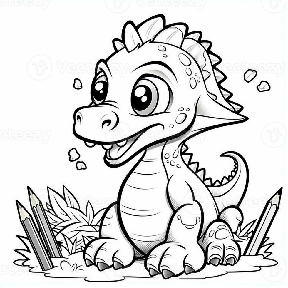 illustration outline drawing white background cartoon cute dinosaur to coloring, character games app mobile, generative ai photo