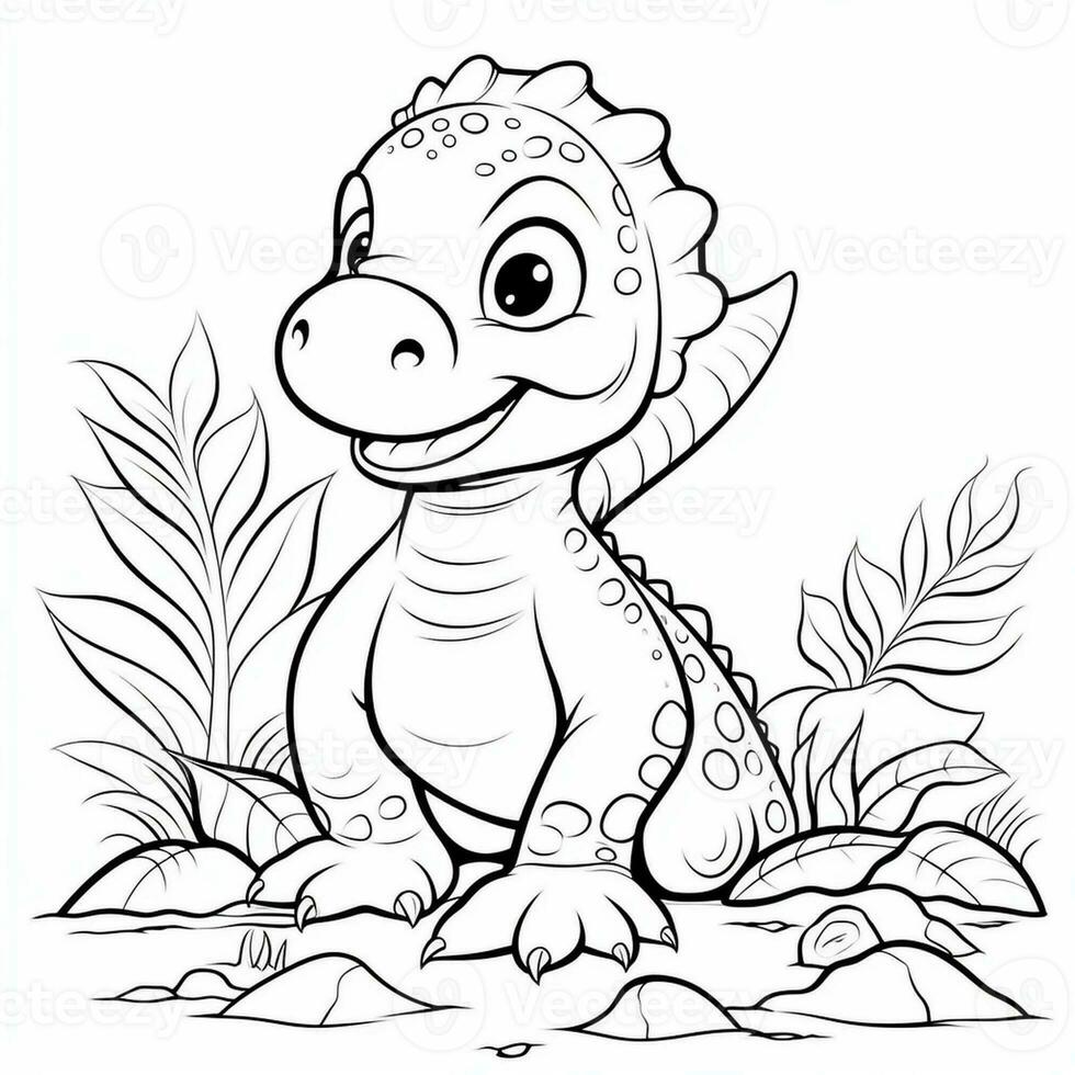 illustration outline drawing white background cartoon cute dinosaur to coloring, character games app mobile, generative ai photo