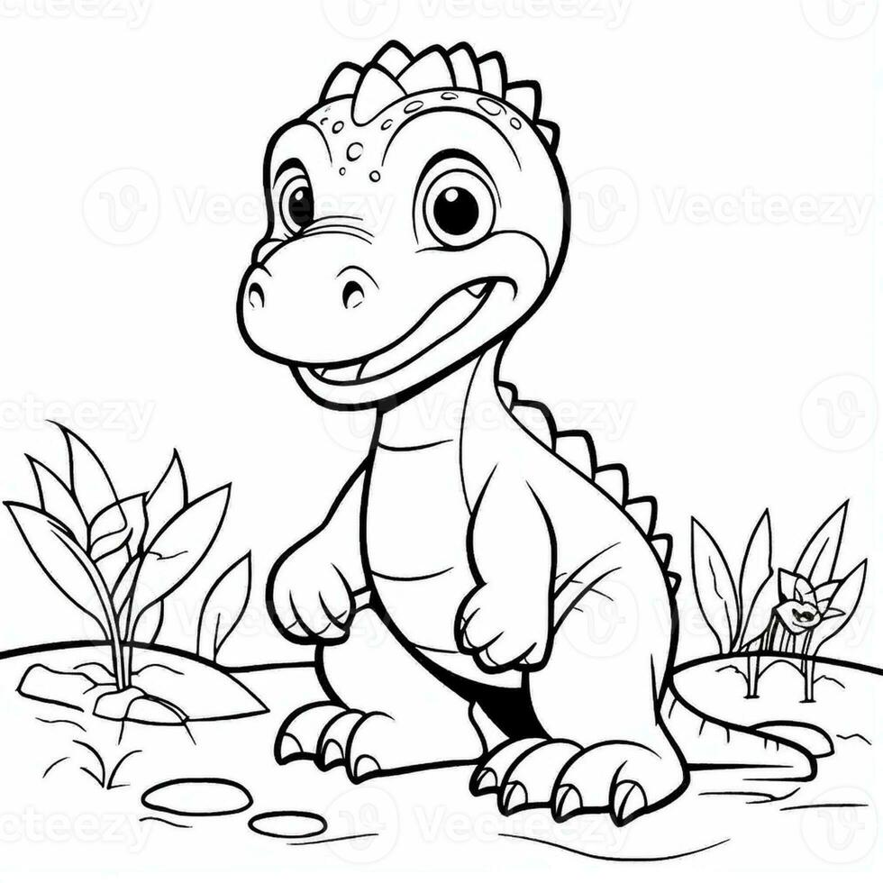 illustration outline drawing white background cartoon cute dinosaur to coloring, character games app mobile, generative ai photo