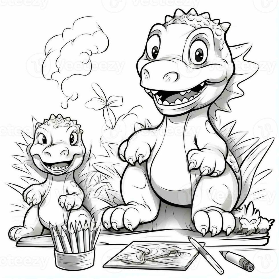 illustration outline drawing white background cartoon cute dinosaur to coloring, character games app mobile, generative ai photo