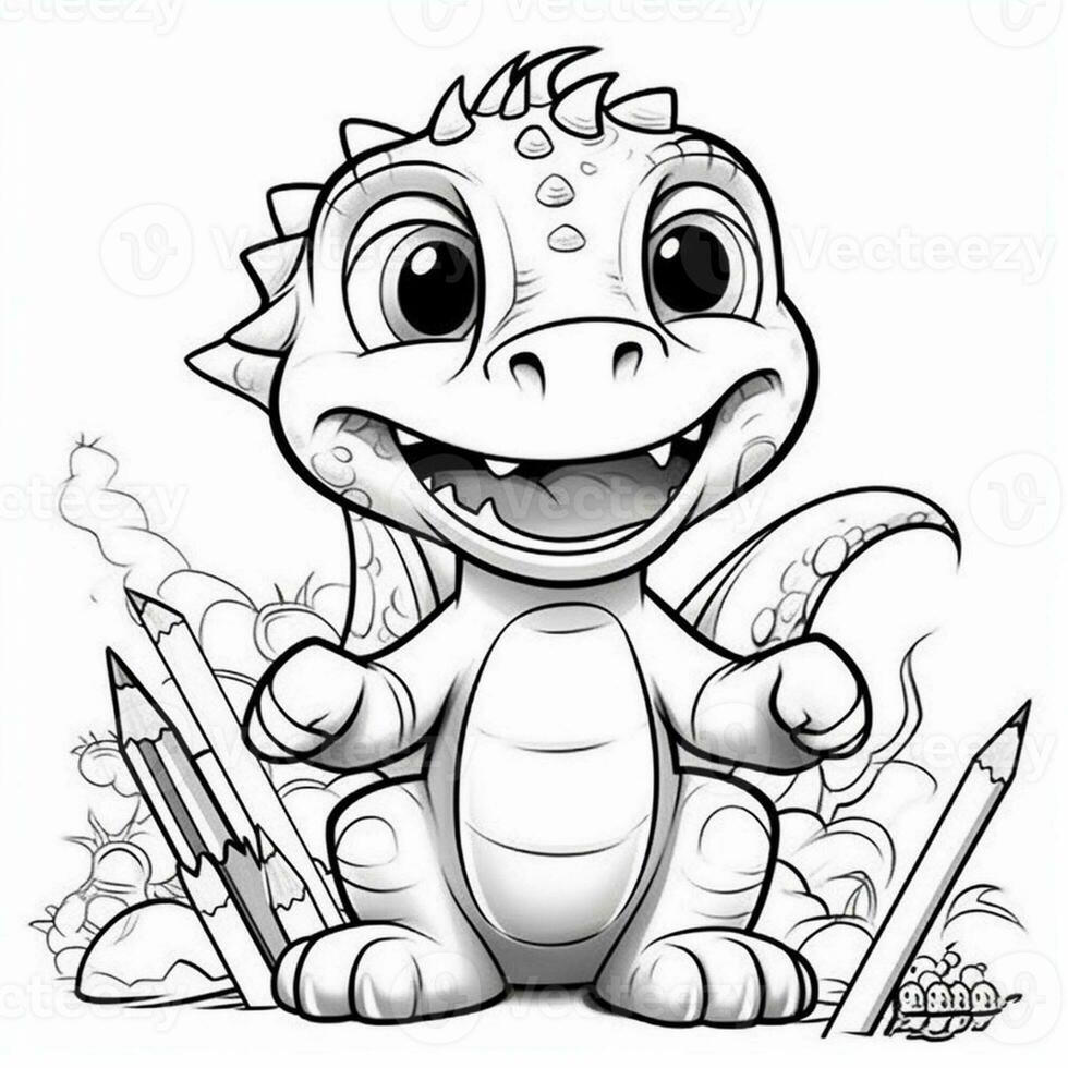illustration outline drawing white background cartoon cute dinosaur to coloring, character games app mobile, generative ai photo