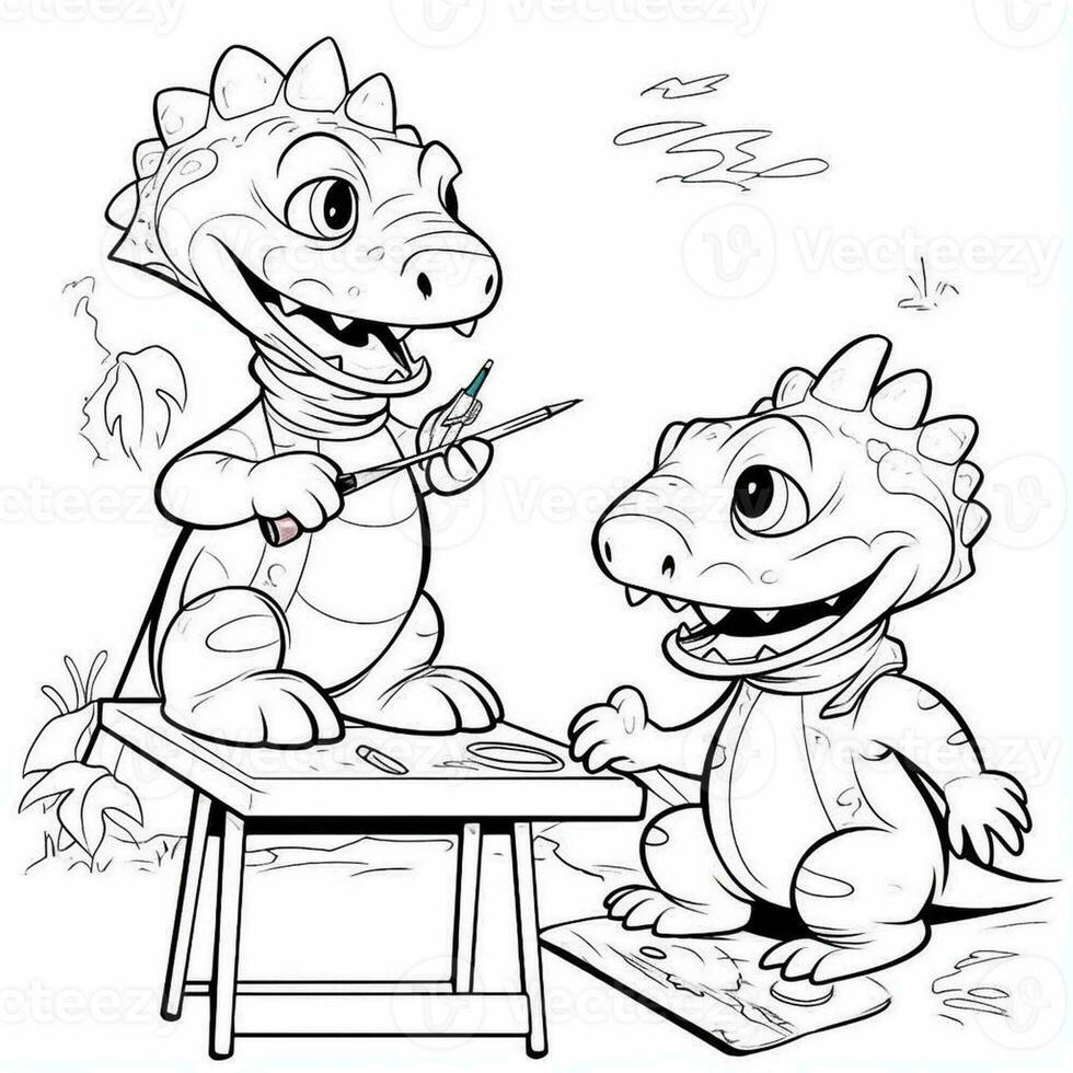 illustration outline drawing white background cartoon cute dinosaur to coloring, character games app mobile, generative ai photo