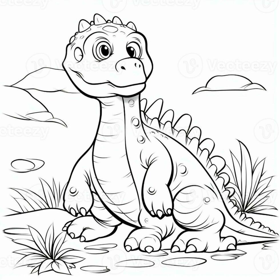 illustration outline drawing white background cartoon cute dinosaur to coloring, character games app mobile, generative ai photo