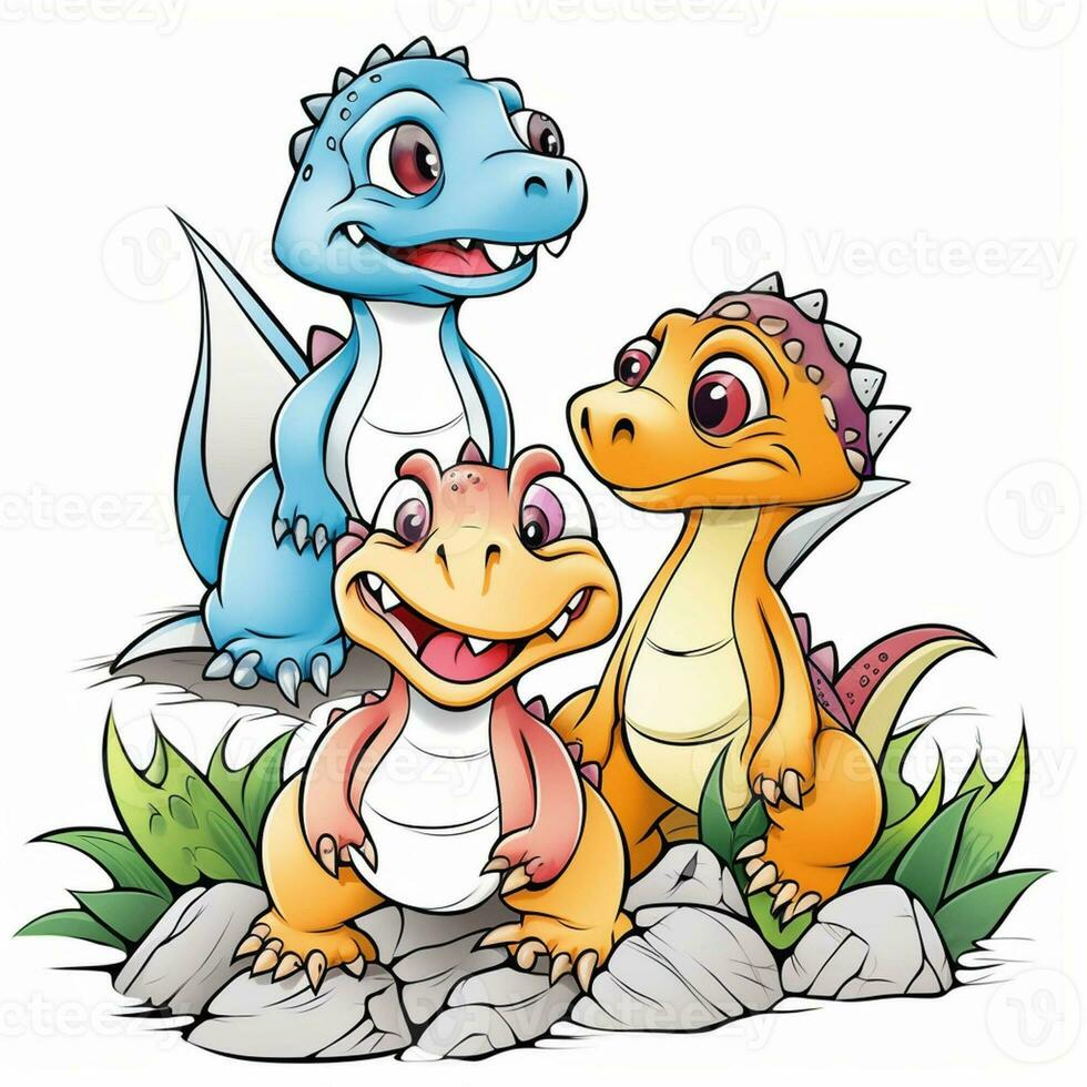 illustration outline drawing white background cartoon cute dinosaur to coloring, character games app mobile, generative ai photo