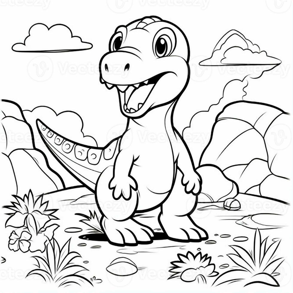 illustration outline drawing white background cartoon cute dinosaur to coloring, character games app mobile, generative ai photo