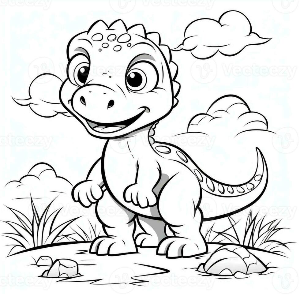 illustration outline drawing white background cartoon cute dinosaur to coloring, character games app mobile, generative ai photo