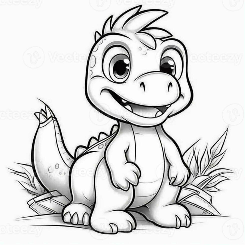 illustration outline drawing white background cartoon cute dinosaur to coloring, character games app mobile, generative ai photo