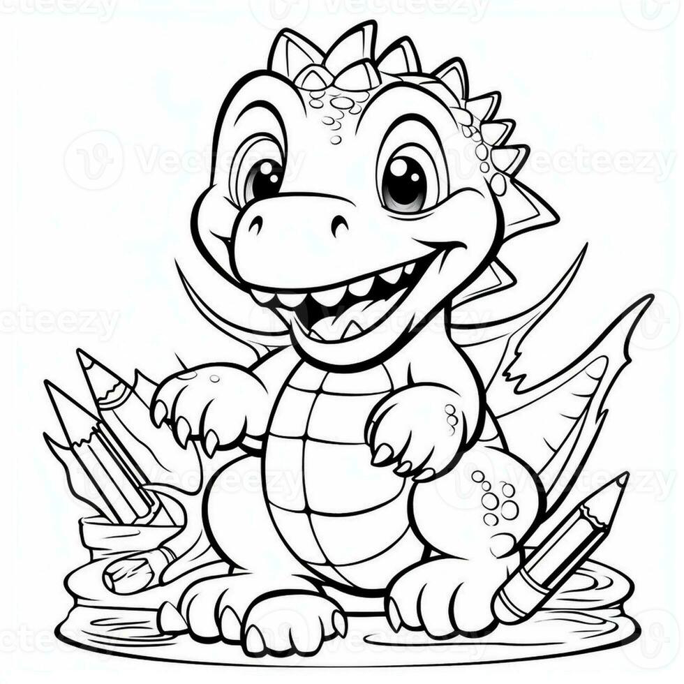 illustration outline drawing white background cartoon cute dinosaur to coloring, character games app mobile, generative ai photo