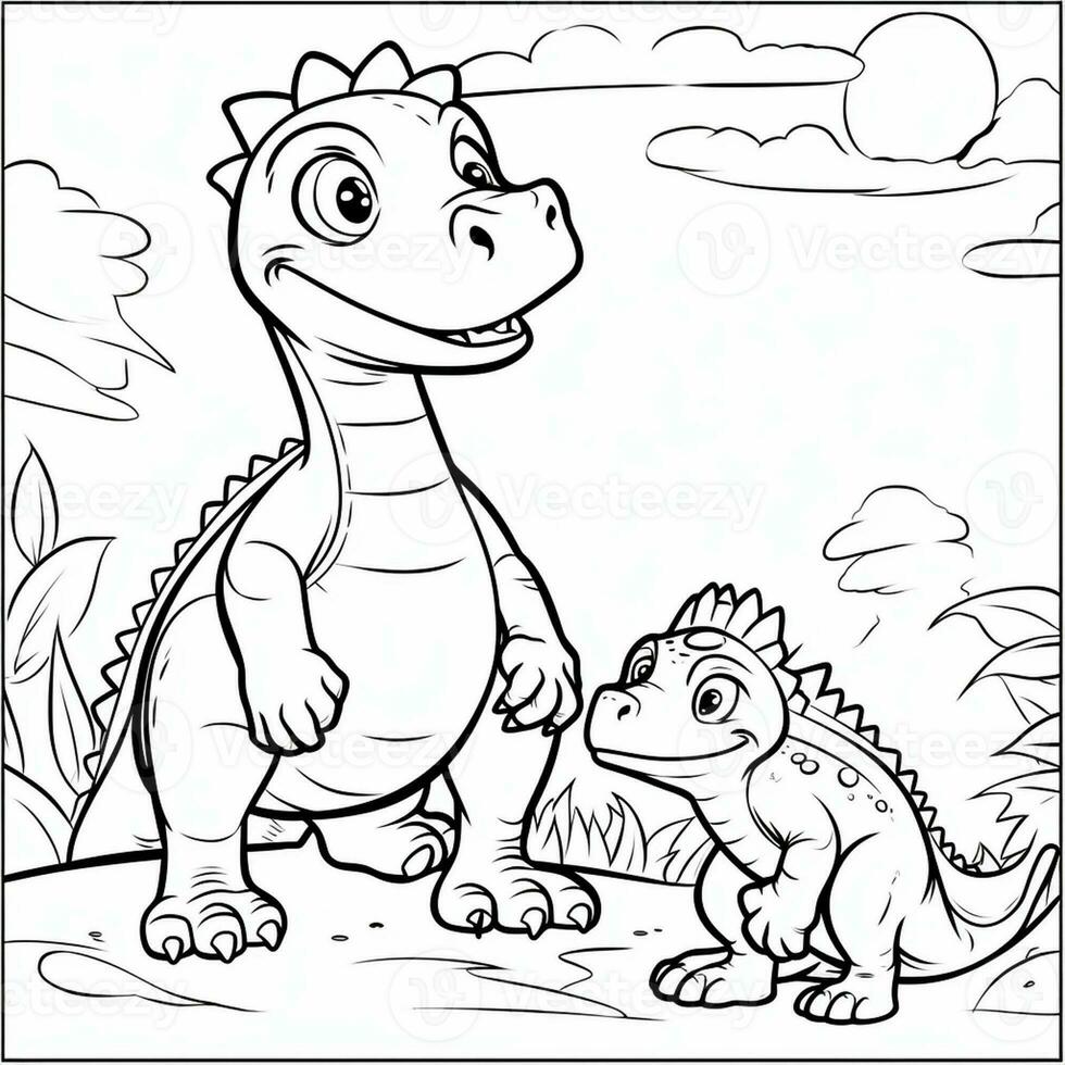 illustration outline drawing white background cartoon cute dinosaur to coloring, character games app mobile, generative ai photo