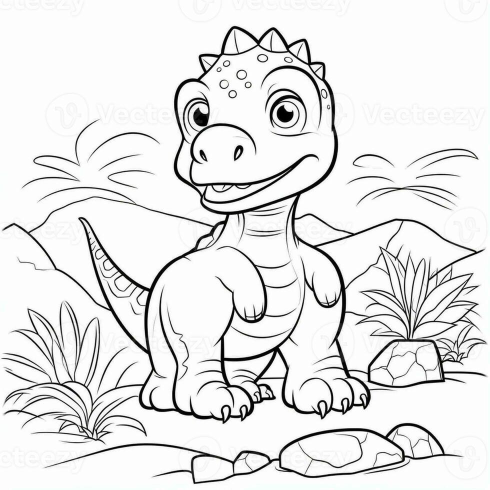 illustration outline drawing white background cartoon cute dinosaur to coloring, character games app mobile, generative ai photo