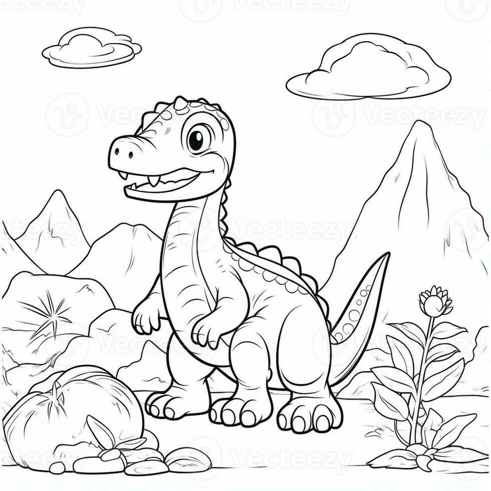 illustration outline drawing white background cartoon cute dinosaur to coloring, character games app mobile, generative ai photo