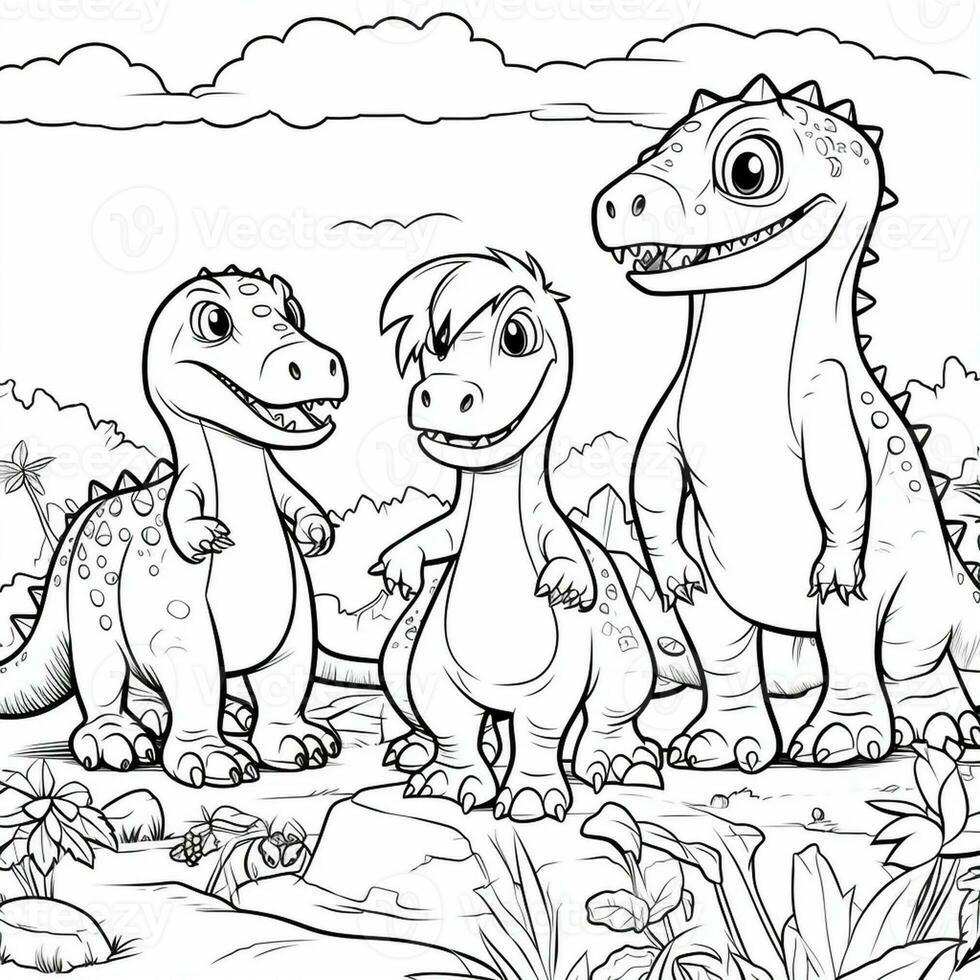 illustration outline drawing white background cartoon cute dinosaur to coloring, character games app mobile, generative ai photo