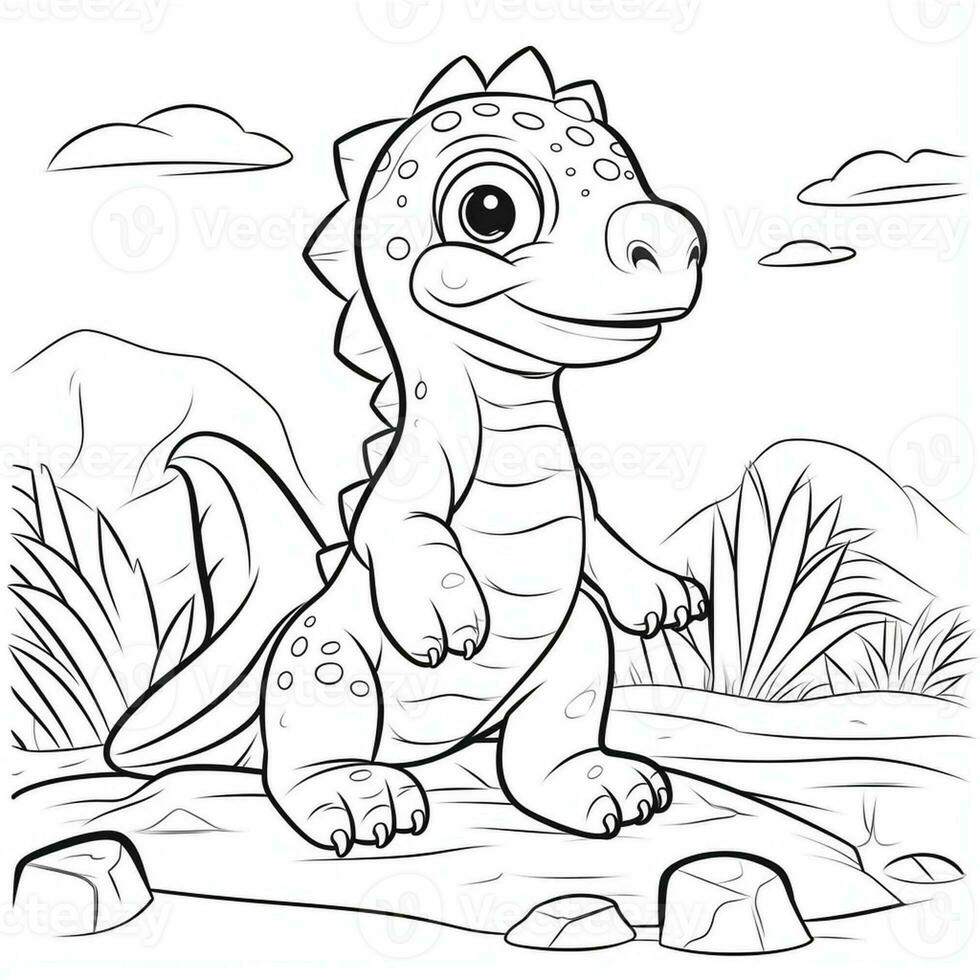 illustration outline drawing white background cartoon cute dinosaur to coloring, character games app mobile, generative ai photo