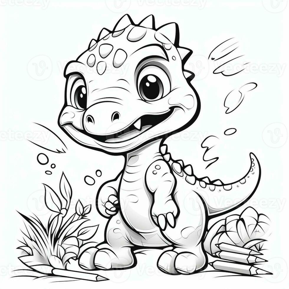 illustration outline drawing white background cartoon cute dinosaur to coloring, character games app mobile, generative ai photo