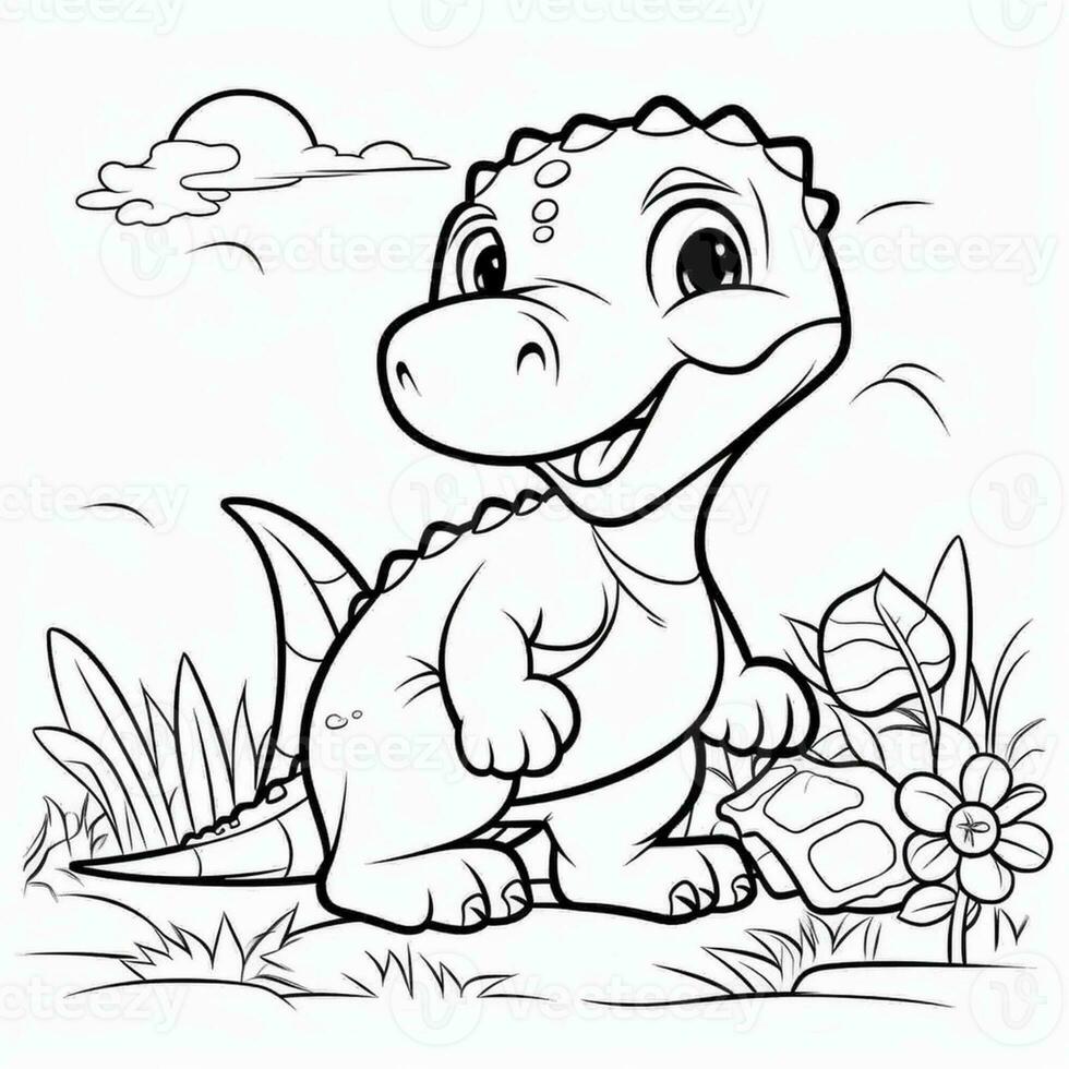 illustration outline drawing white background cartoon cute dinosaur to coloring, character games app mobile, generative ai photo