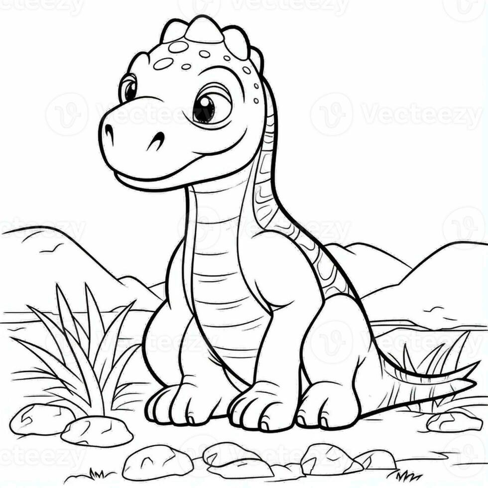 illustration outline drawing white background cartoon cute dinosaur to coloring, character games app mobile, generative ai photo
