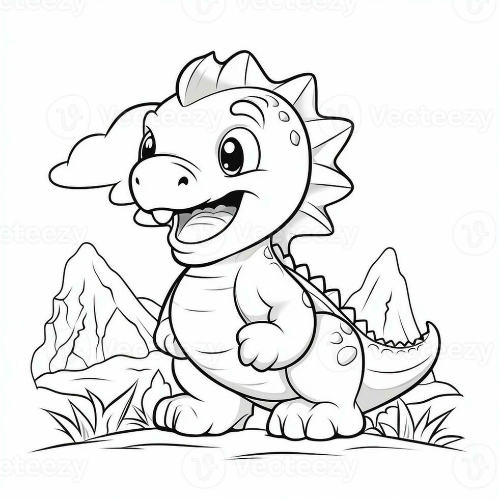 illustration outline drawing white background cartoon cute dinosaur to coloring, character games app mobile, generative ai photo
