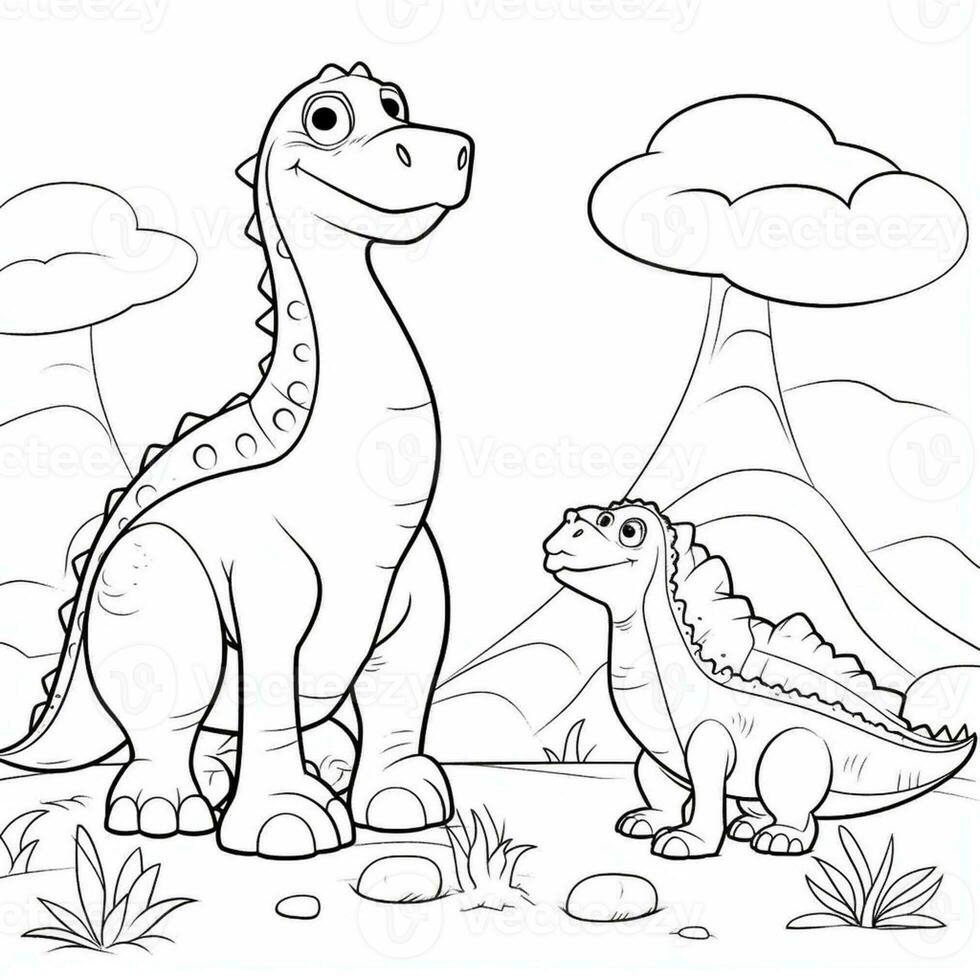 illustration outline drawing white background cartoon cute dinosaur to coloring, character games app mobile, generative ai photo