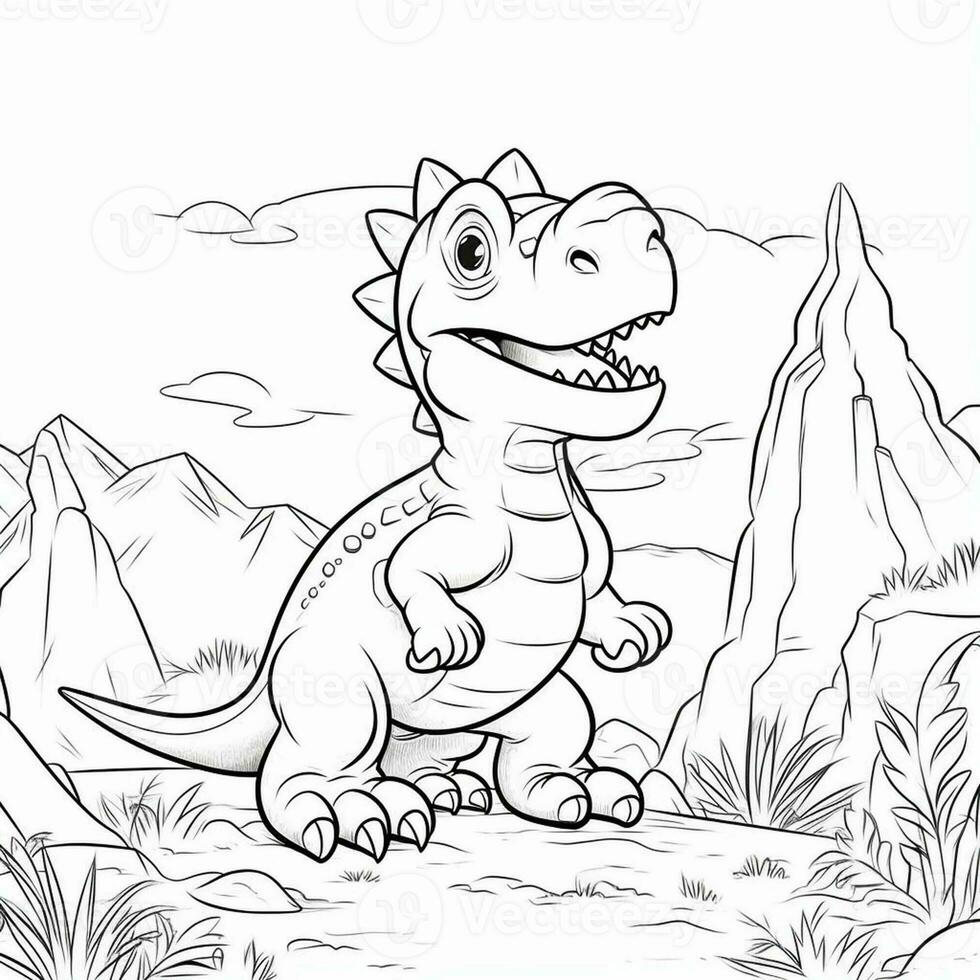 illustration outline drawing white background cartoon cute dinosaur to coloring, character games app mobile, generative ai photo