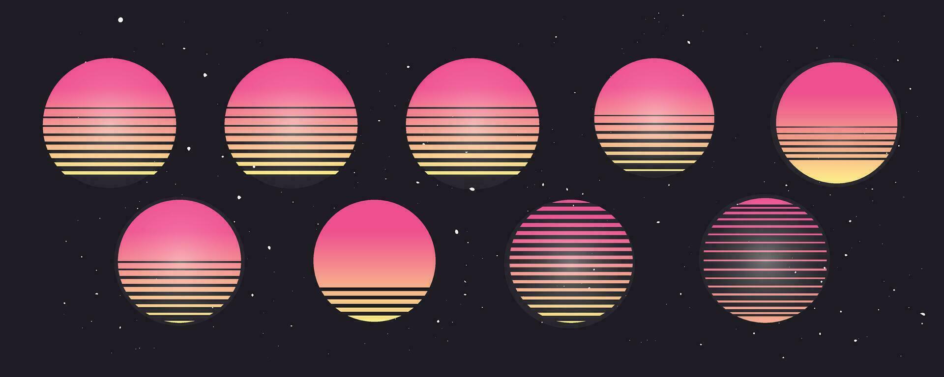 80s Retro Sunset collection. Set of vintage graphics with sun dipped in sea. Collection of vector sunsets. Elements for 80's and 90's posters, illustrations and web designs.