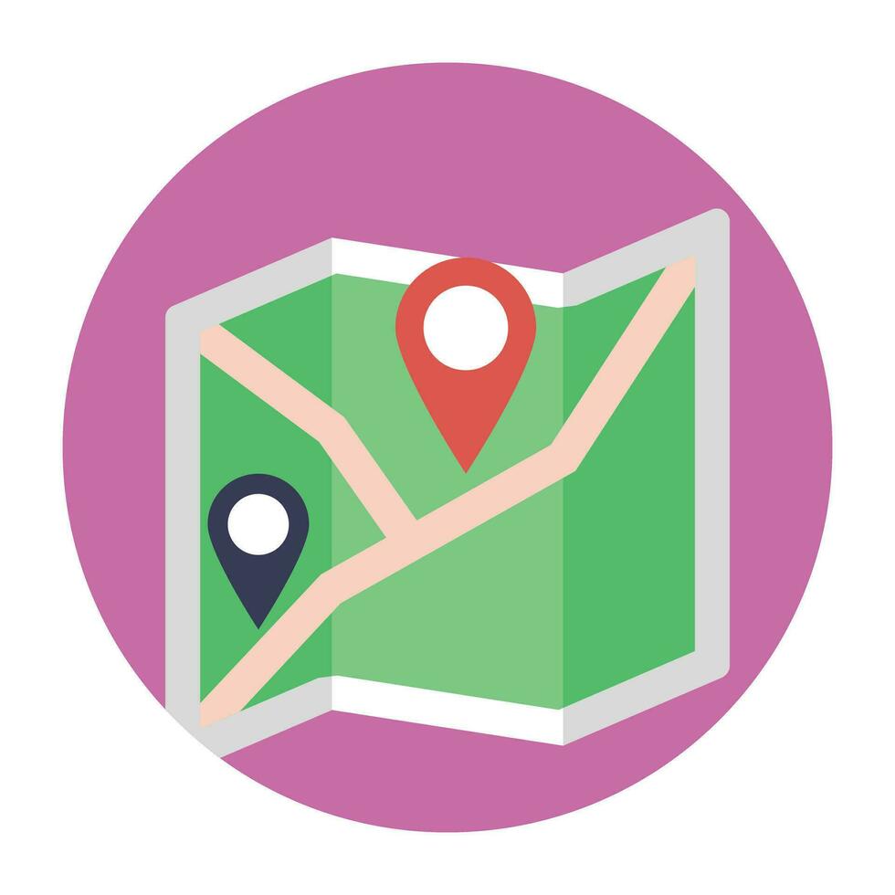 A folding map with location pointer, colored vector icon design
