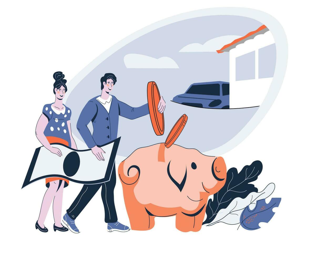 Family budget savings banner with couple dreaming of future purchasing, cartoon vector illustration isolated on white background. Family monthly economy planning and money savings.