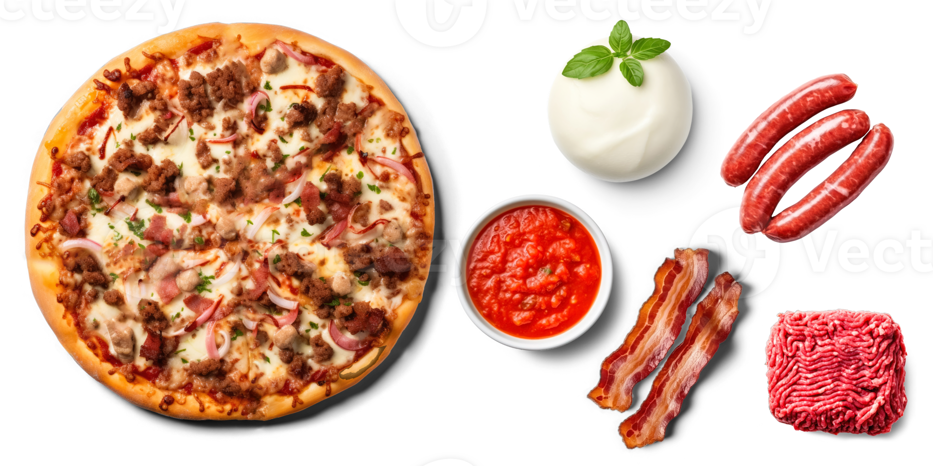 kött älskare pizza med Ingredienser, bacon, mozzarella, korvar, mald kött, tomat sås på transparent bakgrund png