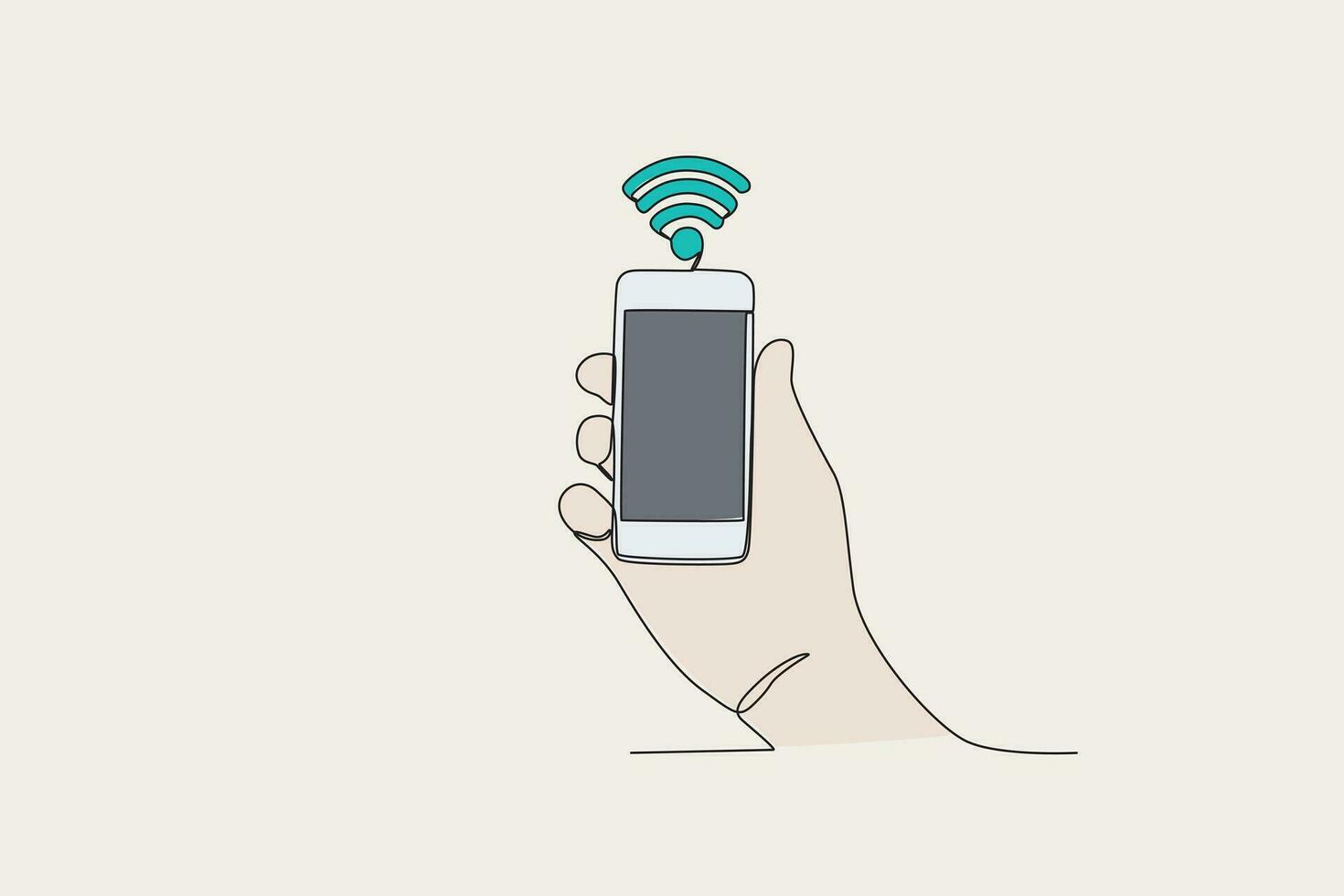 Color illustration of a hand holding a cellphone with an Internet connection vector