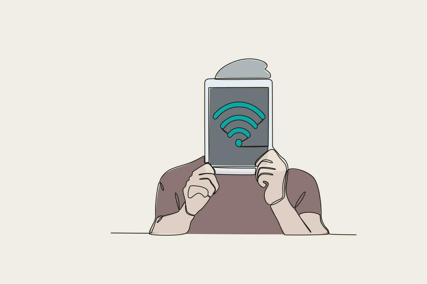 Color illustration of a man holding an iPad with an Internet network vector