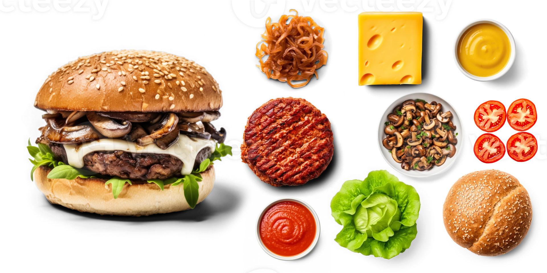 Mushroom Burger with ingredients on transparent background png