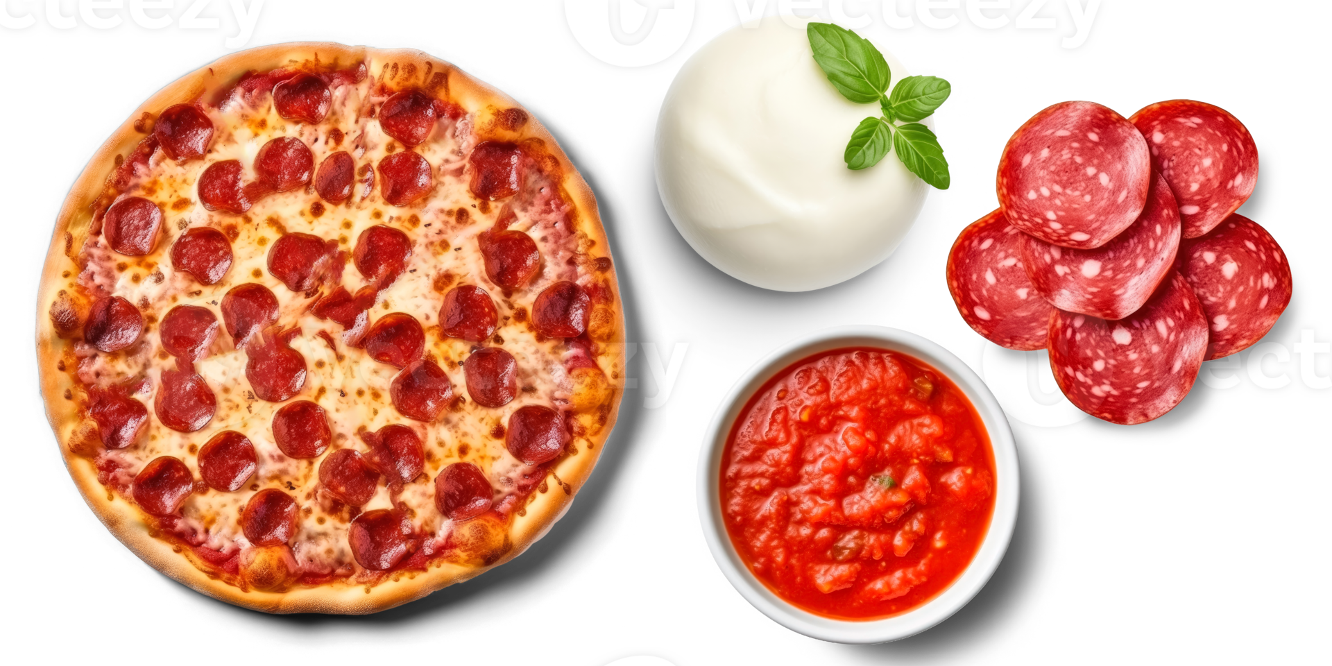 pepperoni Pizza con ingredientes, tomate salsa, queso Mozzarella queso, pepperoni rebanadas, en transparente antecedentes png