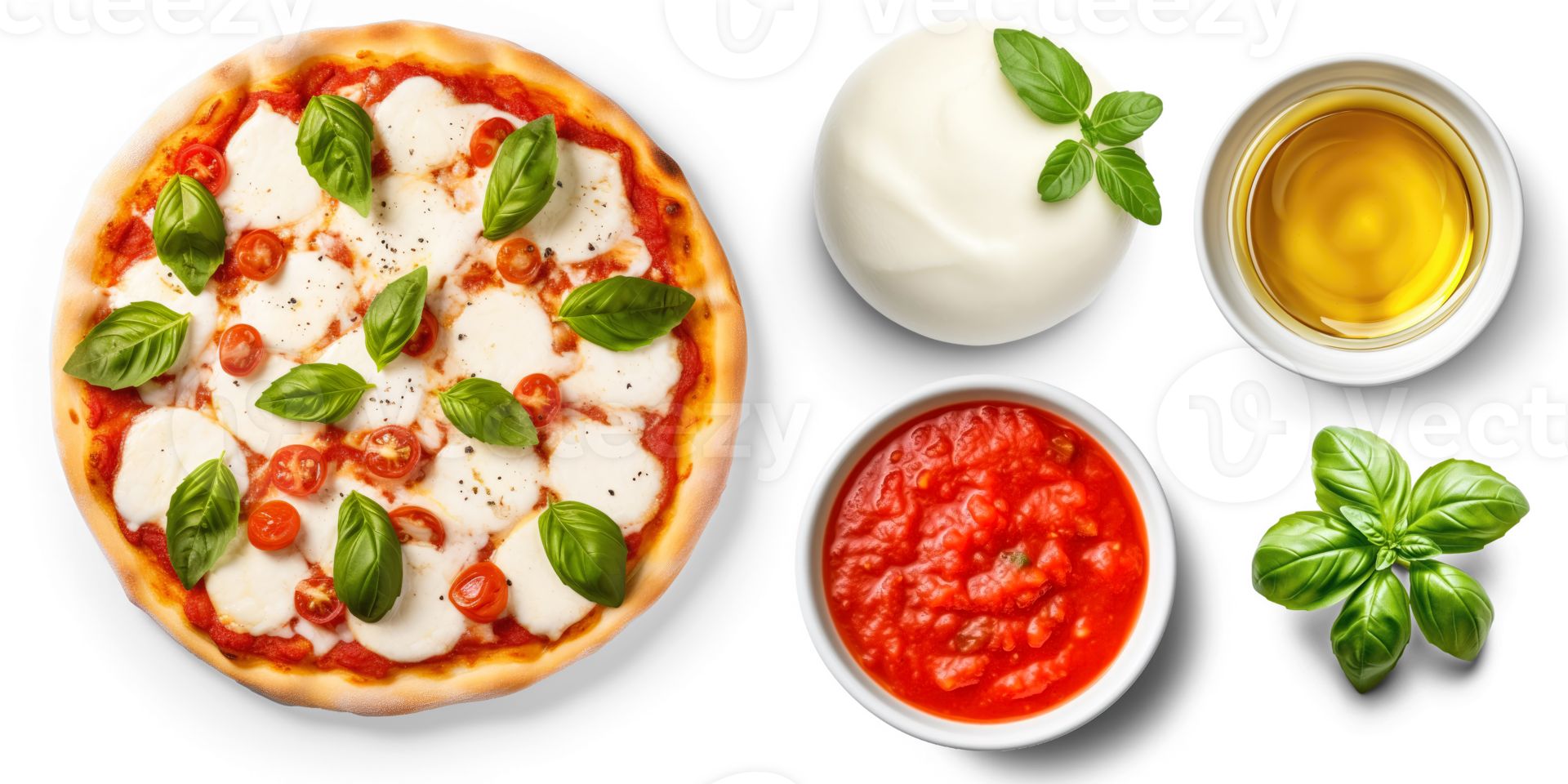 Margarita Pizza with ingredients, Tomato sauce, Mozzarella cheese, Fresh basil leaves, Olive oil, on transparent background png