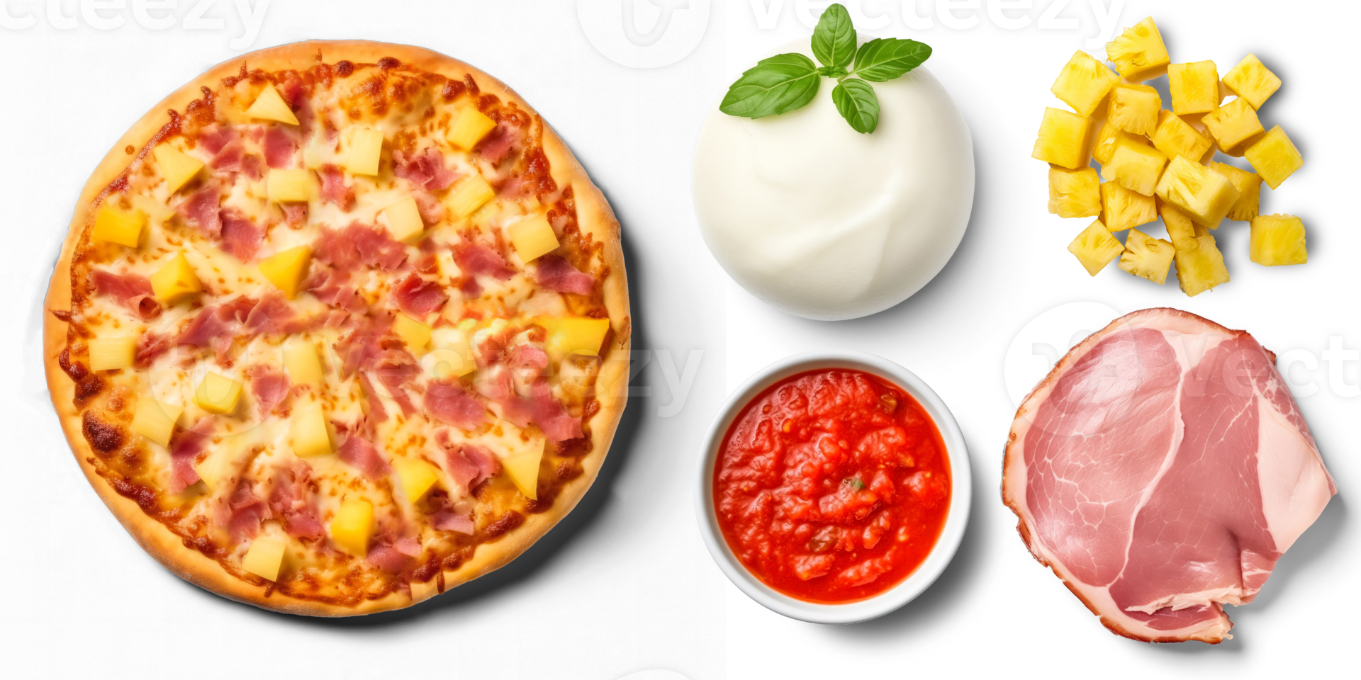 hawaiano Pizza con ingredientes, tomate salsa, queso Mozzarella queso, jamón, canadiense tocino, piña trozos, en transparente antecedentes png